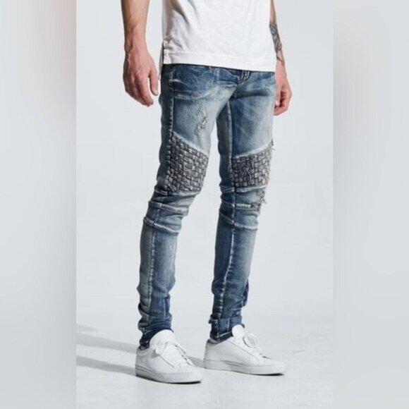 EMBELLISH Turkish Biker Denim Blue Wash Jeans Distressed Basket Weave Sz 38X34 - Picture 3 of 12